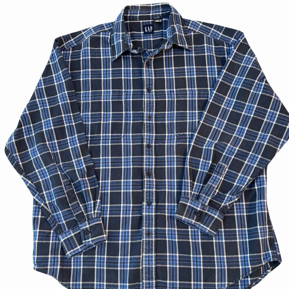 Vintage 90s GAP Heavyweight Plaid Flannel Shirt Blue Black Grunge Cotton XXL